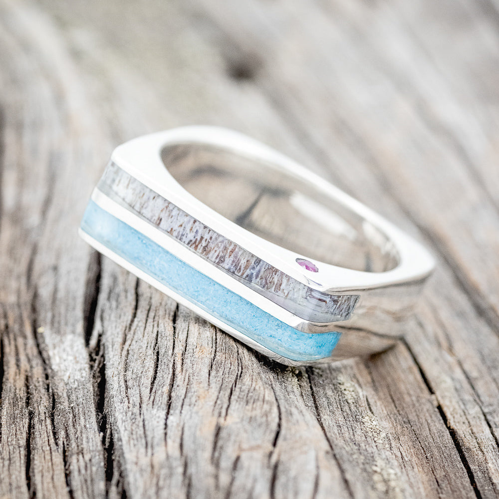 "VEGA" - FLAT TOP WEDDING BAND WITH TURQUOISE, ANTLER INLAYS & SIDE SET RUBIES-2