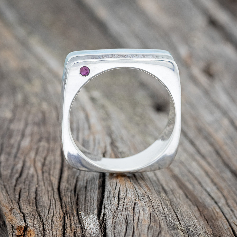 "VEGA" - FLAT TOP WEDDING BAND WITH TURQUOISE, ANTLER INLAYS & SIDE SET RUBIES-4