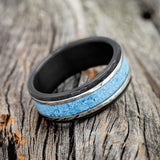 "HOLLIS" - TURQUOISE & 14K GOLD INLAYS WEDDING RING FEATURING A HAMMERED BLACK ZIRCONIUM BAND