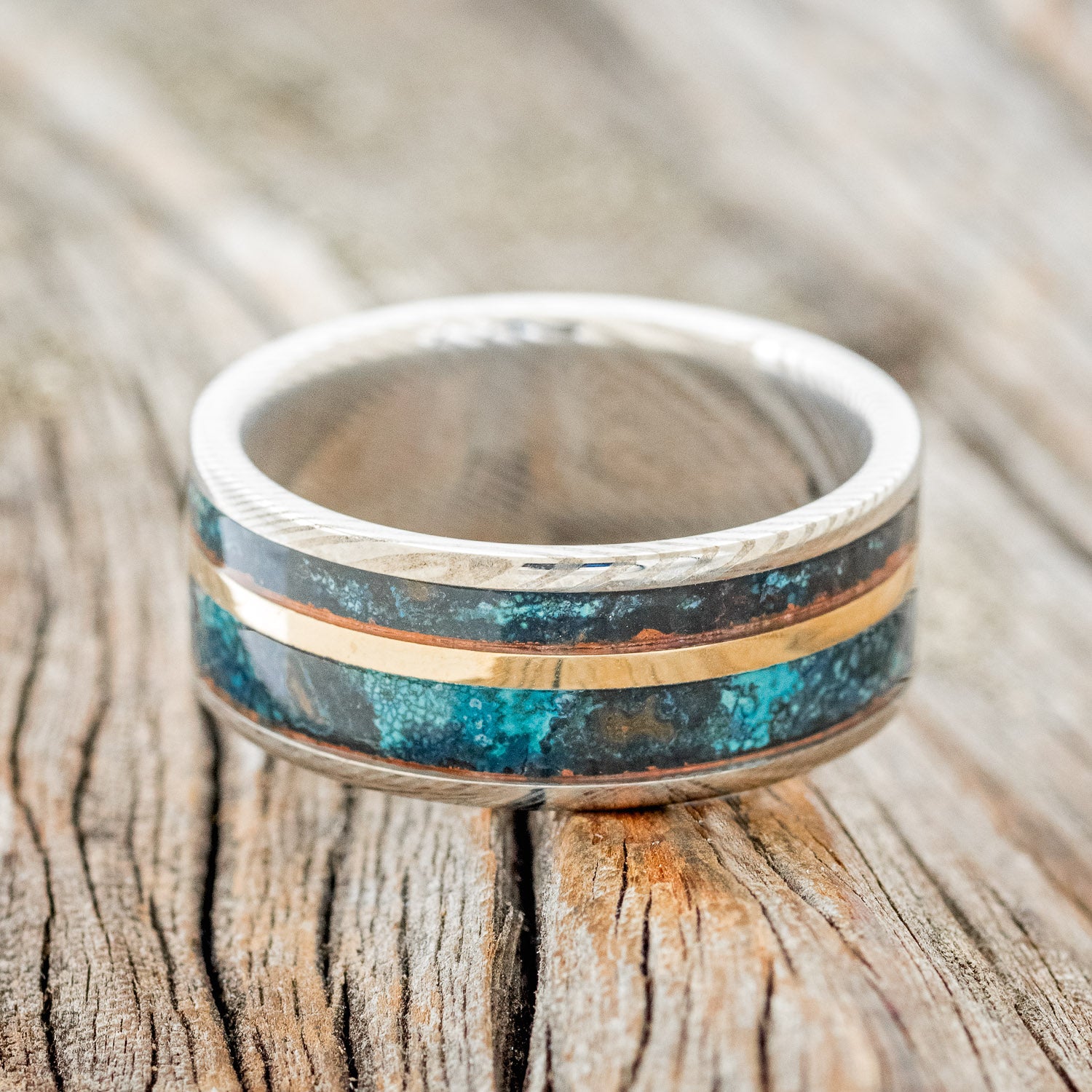 "RAPTOR" - PATINA COPPER WEDDING RING WITH 14K GOLD INLAY-7