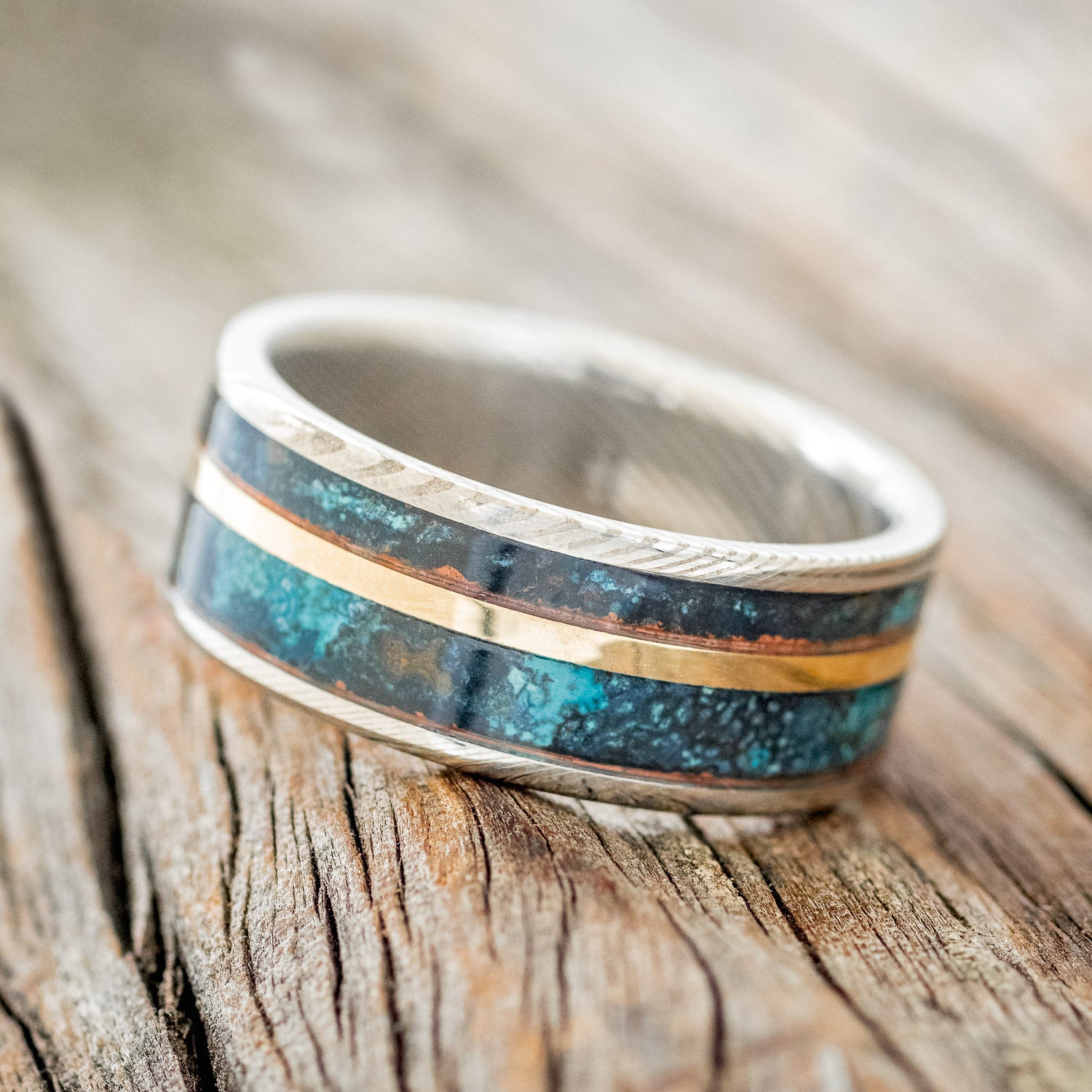 "RAPTOR" - PATINA COPPER WEDDING RING WITH 14K GOLD INLAY-6