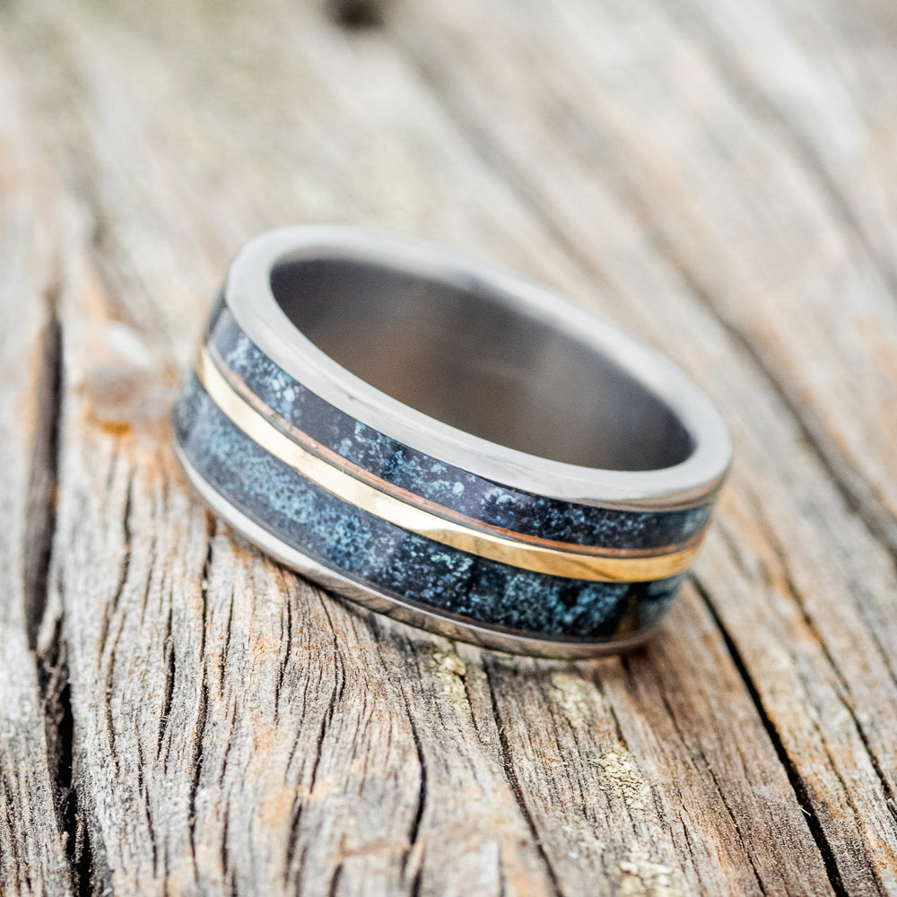 "RAPTOR" - PATINA COPPER WEDDING RING WITH 14K GOLD INLAY-2