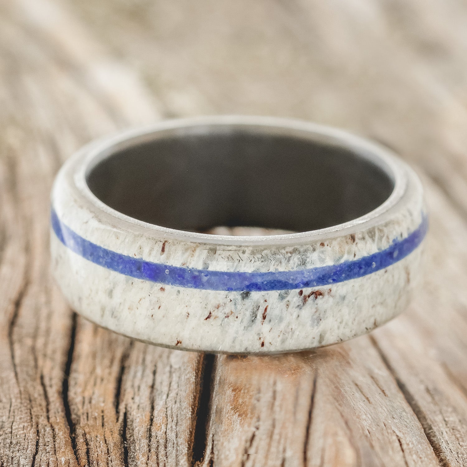 "REMMY" - LAPIS LAZULI & ANTLER WEDDING RING - BLACK ZIRCONIUM - SIZE 9 3/4-3