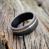 14K GOLD INLAY WEDDING RING FEATURING A HAMMERED BLACK ZIRCONIUM BAND