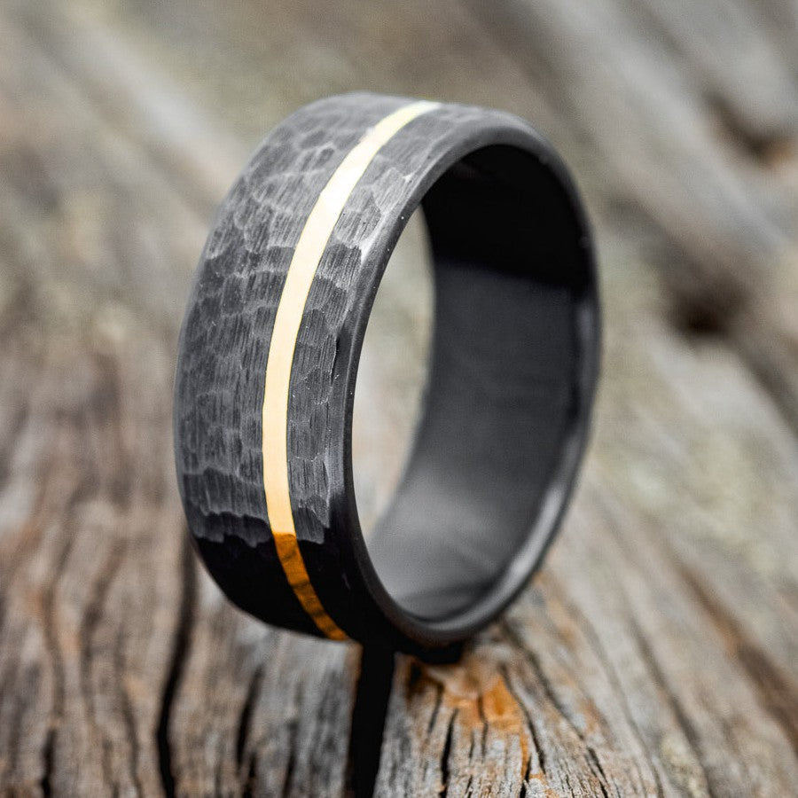 14K GOLD INLAY WEDDING RING FEATURING A HAMMERED BLACK ZIRCONIUM BAND ...