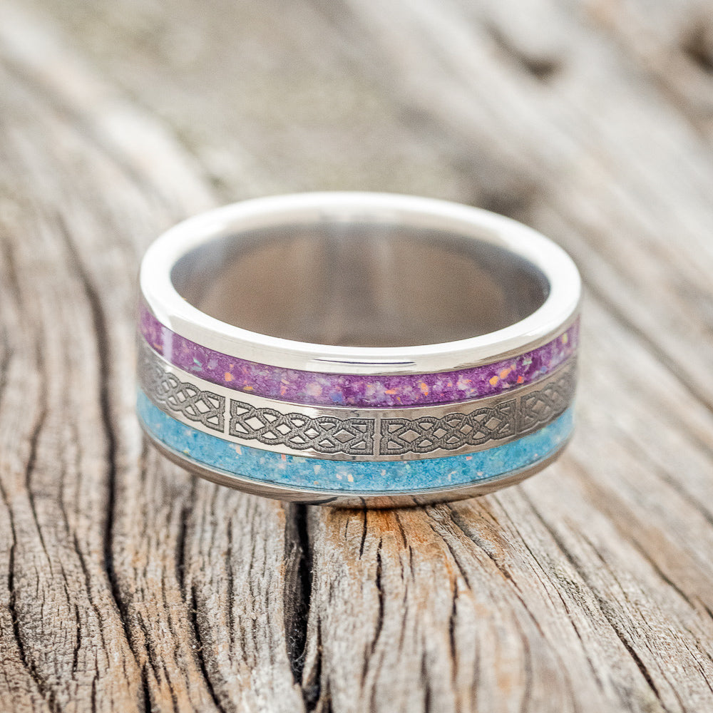 "RYDER" - CELTIC SAILOR'S KNOT ENGRAVED WEDDING RING WITH TURQUOISE & SUGILITE MIXED WITH OPAL-3