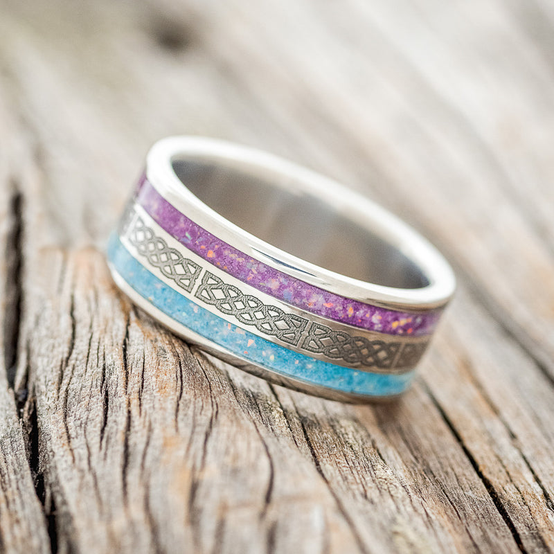 "RYDER" - CELTIC SAILOR'S KNOT ENGRAVED WEDDING RING WITH TURQUOISE & SUGILITE MIXED WITH OPAL