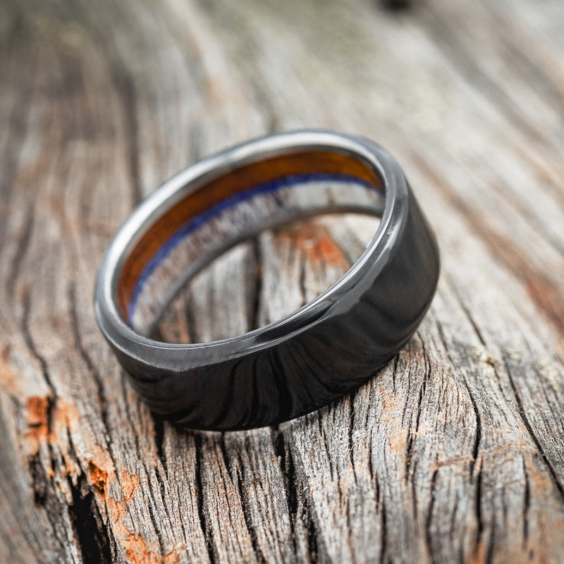 "ARGOS" - ANTLER, WHISKEY BARREL OAK & LAPIS LAZULI LINED WEDDING BAND - READY TO SHIP-5