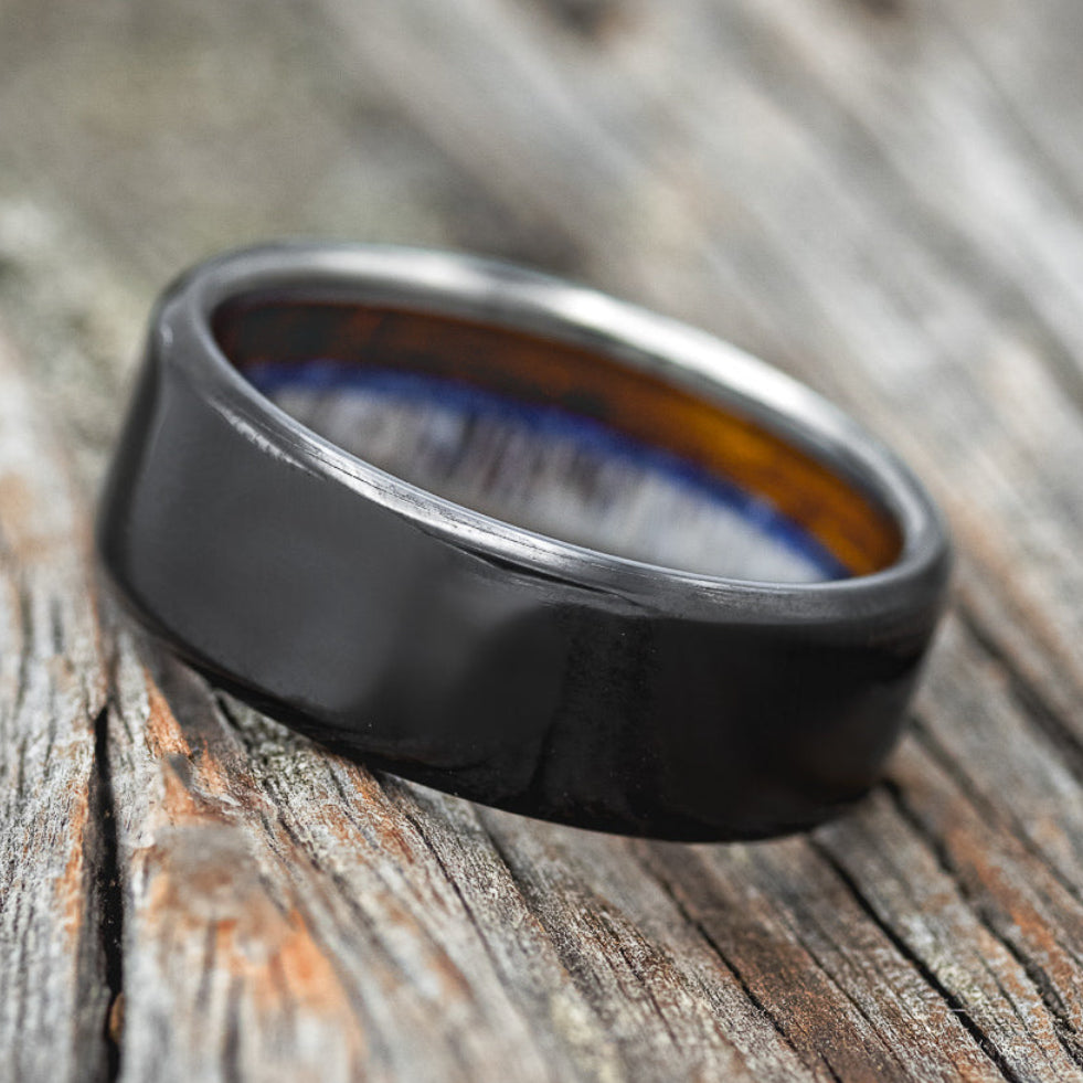 "ARGOS" - ANTLER, WHISKEY BARREL OAK & LAPIS LAZULI LINED WEDDING BAND - READY TO SHIP-3