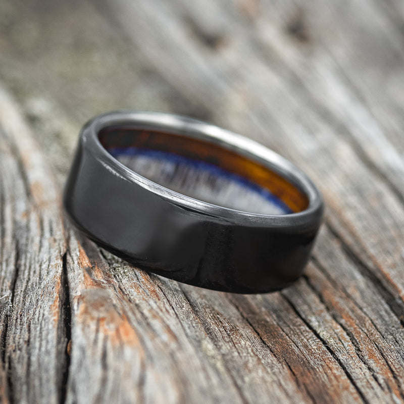 "ARGOS" - ANTLER, WHISKEY BARREL OAK & LAPIS LAZULI LINED WEDDING BAND - READY TO SHIP-3