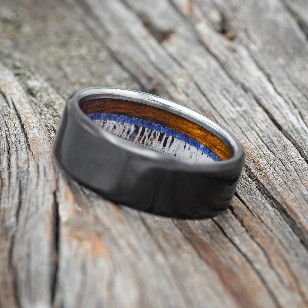 "ARGOS" - ANTLER, WHISKEY BARREL OAK & LAPIS LAZULI LINED WEDDING BAND - READY TO SHIP-4