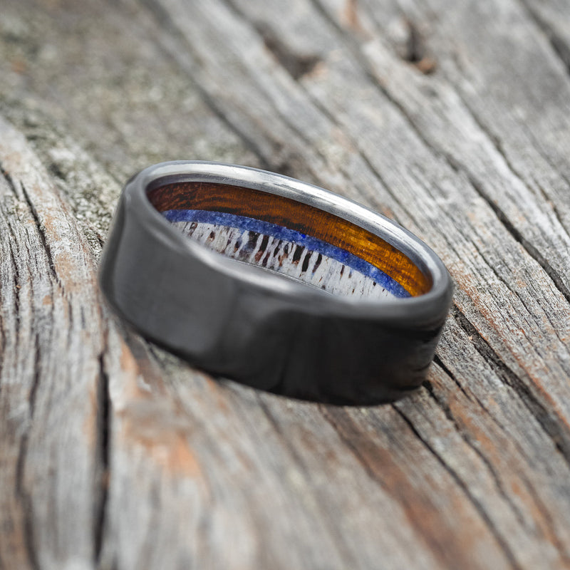 "ARGOS" - ANTLER, WHISKEY BARREL OAK & LAPIS LAZULI LINED WEDDING BAND - READY TO SHIP-4