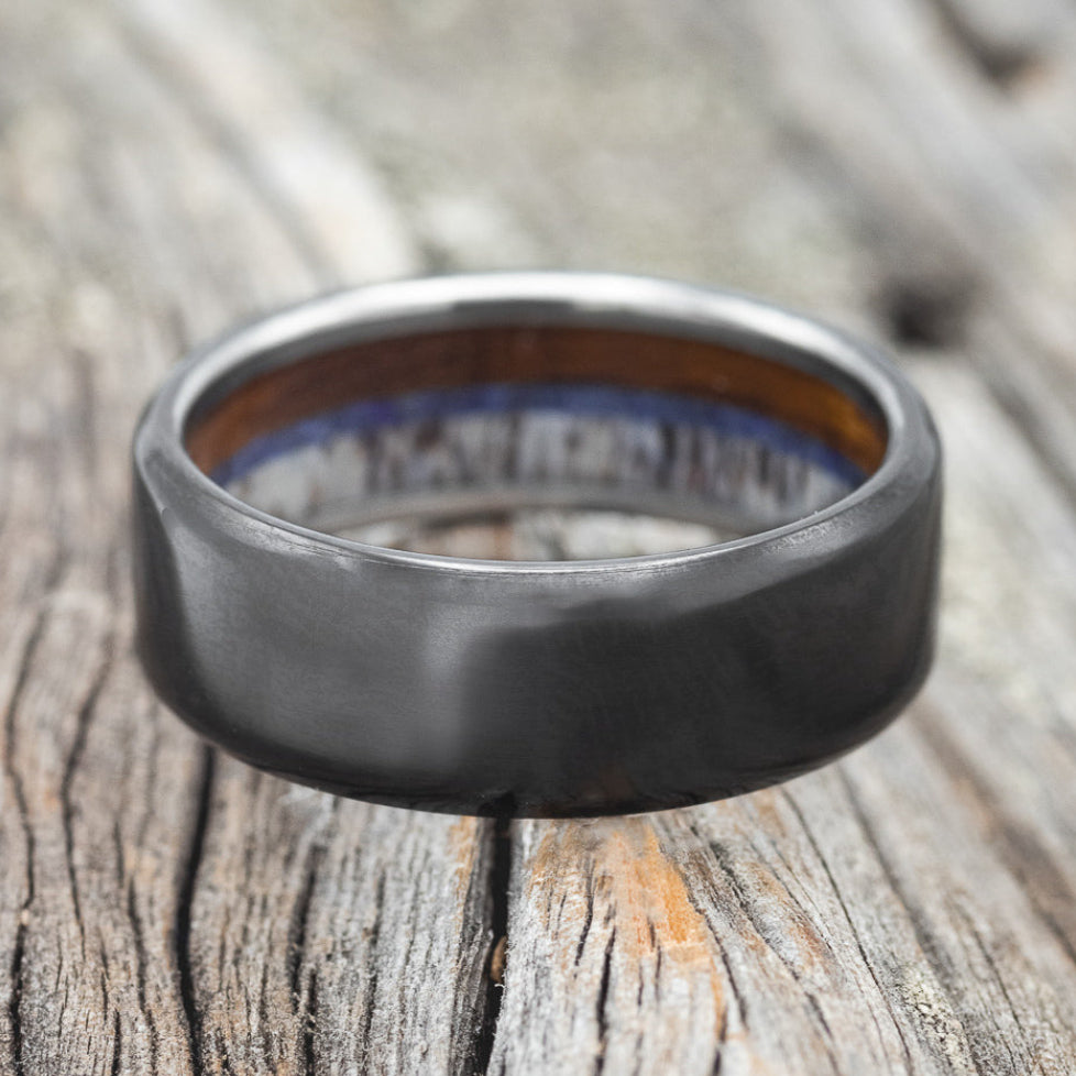 "ARGOS" - ANTLER, WHISKEY BARREL OAK & LAPIS LAZULI WEDDING RING-7