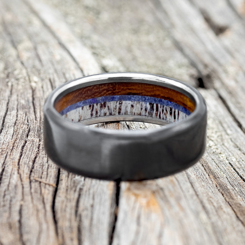 "ARGOS" - ANTLER, WHISKEY BARREL OAK & LAPIS LAZULI WEDDING RING-8