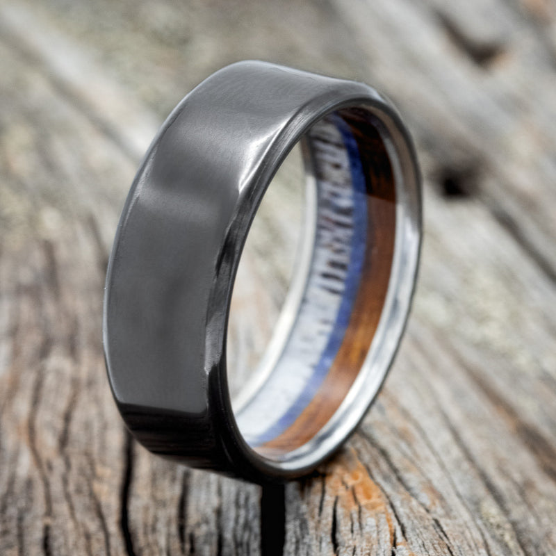 "ARGOS" - ANTLER, WHISKEY BARREL OAK & LAPIS LAZULI LINED WEDDING BAND - READY TO SHIP-1