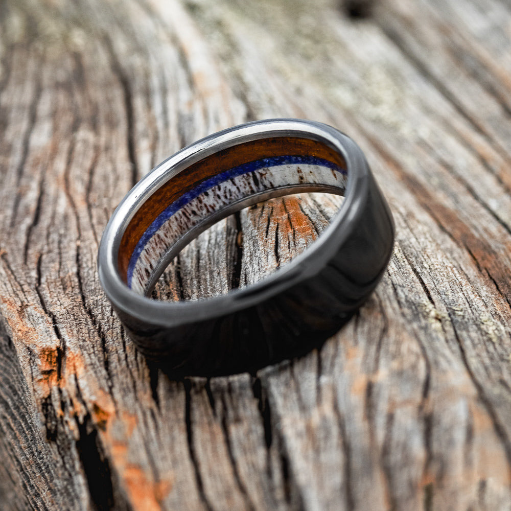 "ARGOS" - ANTLER, WHISKEY BARREL OAK & LAPIS LAZULI WEDDING RING-6