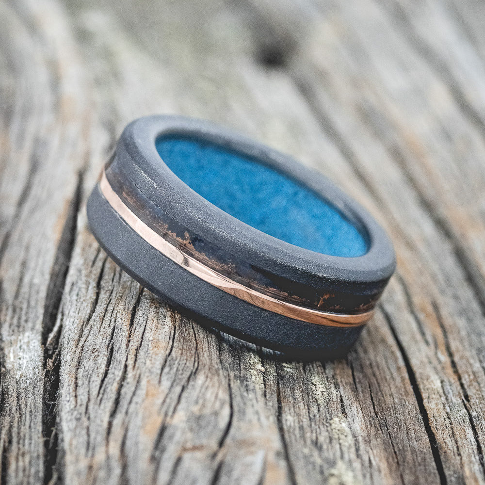 "CASTOR" - PATINA COPPER & 14K GOLD INLAY WEDDING BAND FEATURING A SANDBLASTED BLACK ZIRCONIUM BAND WITH TURQUOISE LINING-2