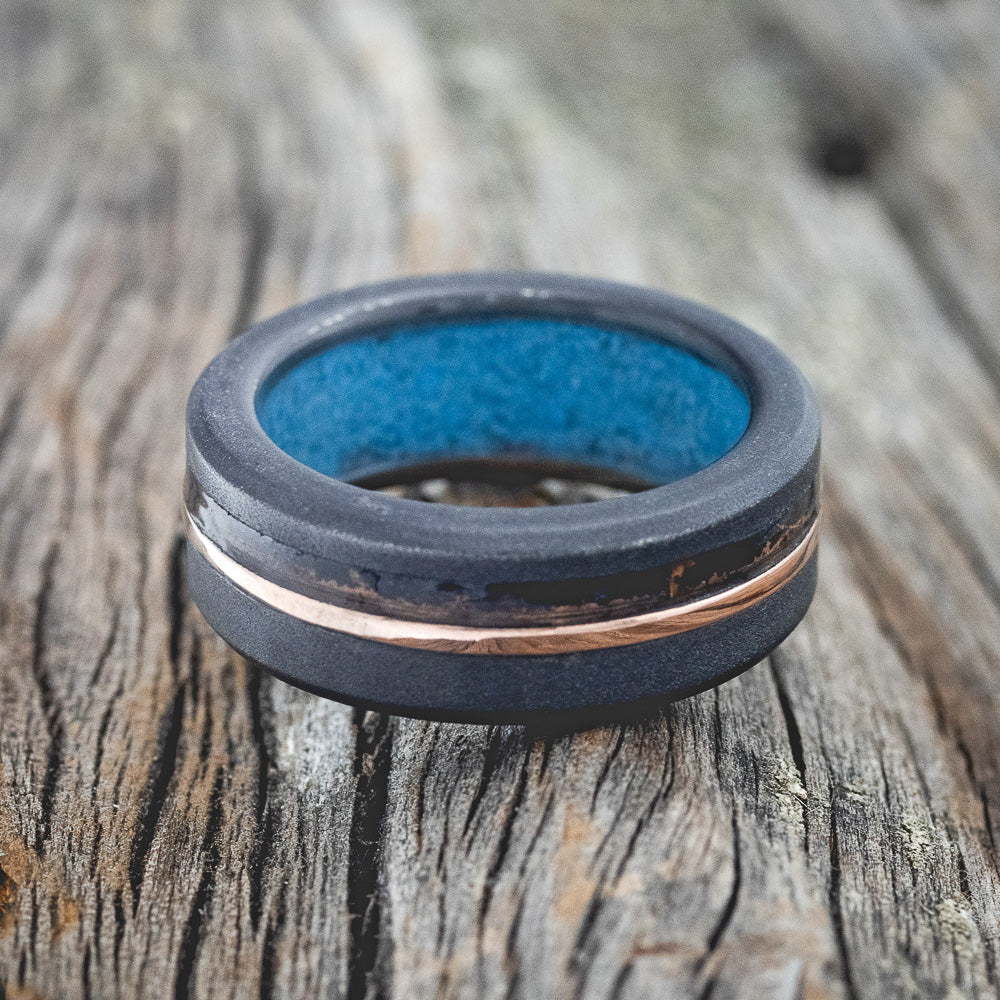 "CASTOR" - PATINA COPPER & 14K GOLD INLAY WEDDING BAND FEATURING A SANDBLASTED BLACK ZIRCONIUM BAND WITH TURQUOISE LINING-4