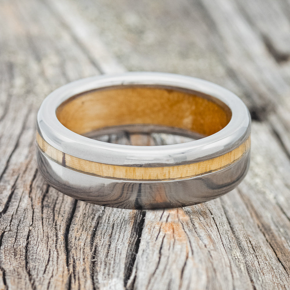 "VERTIGO" - SPALTED MAPLE INLAY & LINING WEDDING BAND-7