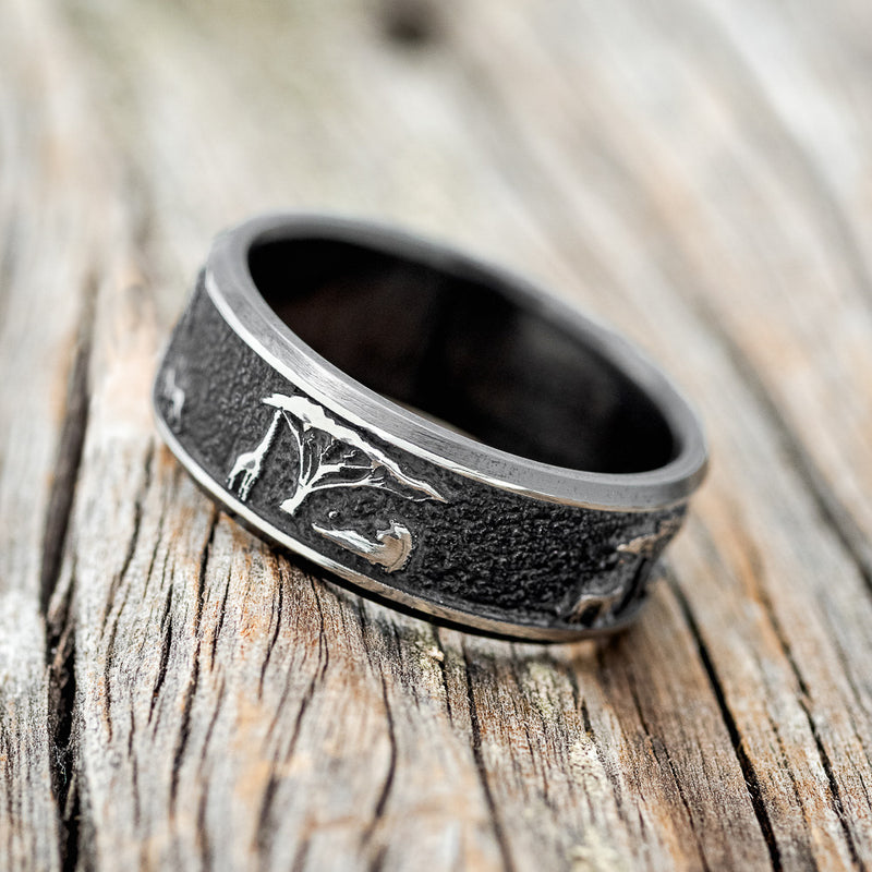 "LEGACY" - CHANNEL EMBOSSED AFRICAN SAVANNAH WEDDING RING FEATURING A BLACK ZIRCONIUM BAND