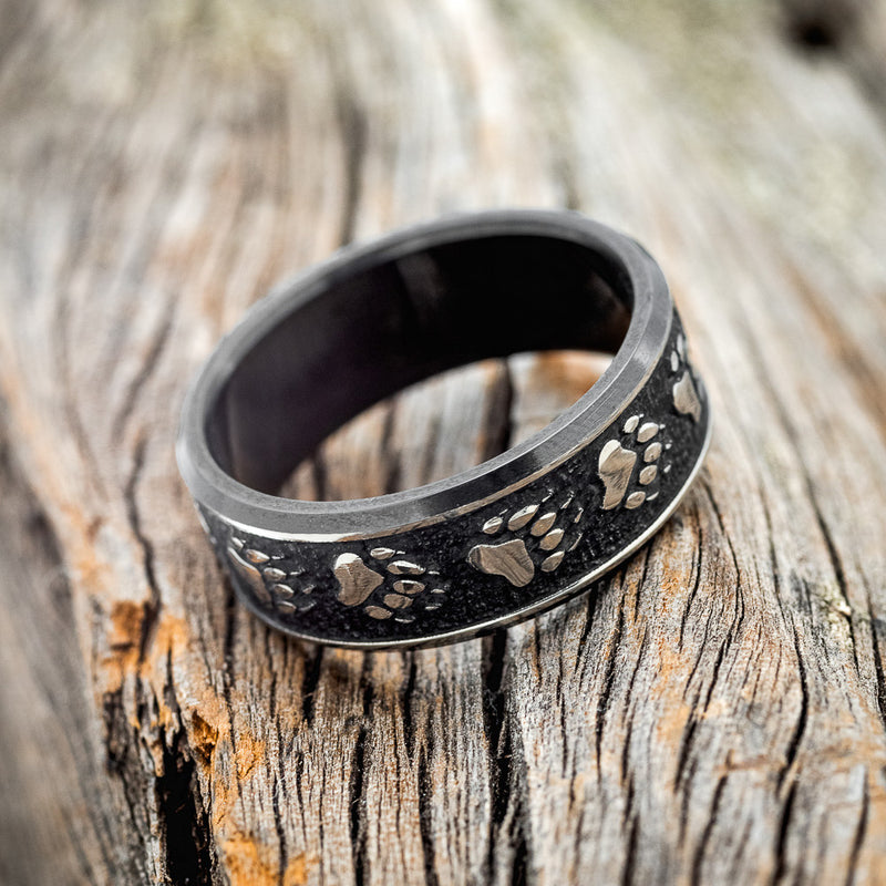 "LEGACY" - CHANNEL EMBOSSED BEAR PAWS WEDDING RING FEATURING A BLACK ZIRCONIUM BAND