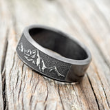 "PATH FINDER" - CUSTOM EMBOSSED MOUNTAIN WEDDING RING FEATURING A BLACK ZIRCONIUM BAND