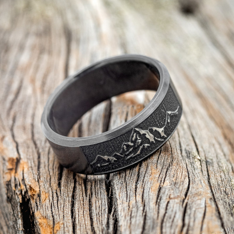 "PATH FINDER" - CUSTOM EMBOSSED MOUNTAIN WEDDING RING FEATURING A BLACK ZIRCONIUM BAND