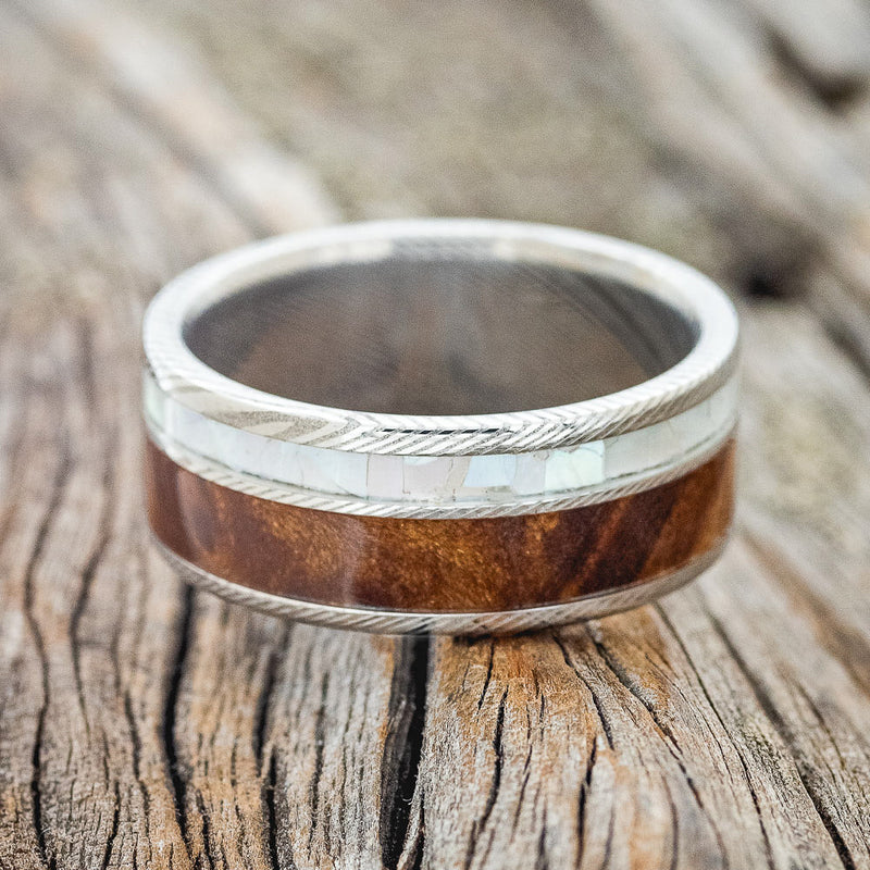 "RAPTOR" - MOTHER OF PEARL & REDWOOD WEDDING BAND - READY TO SHIP