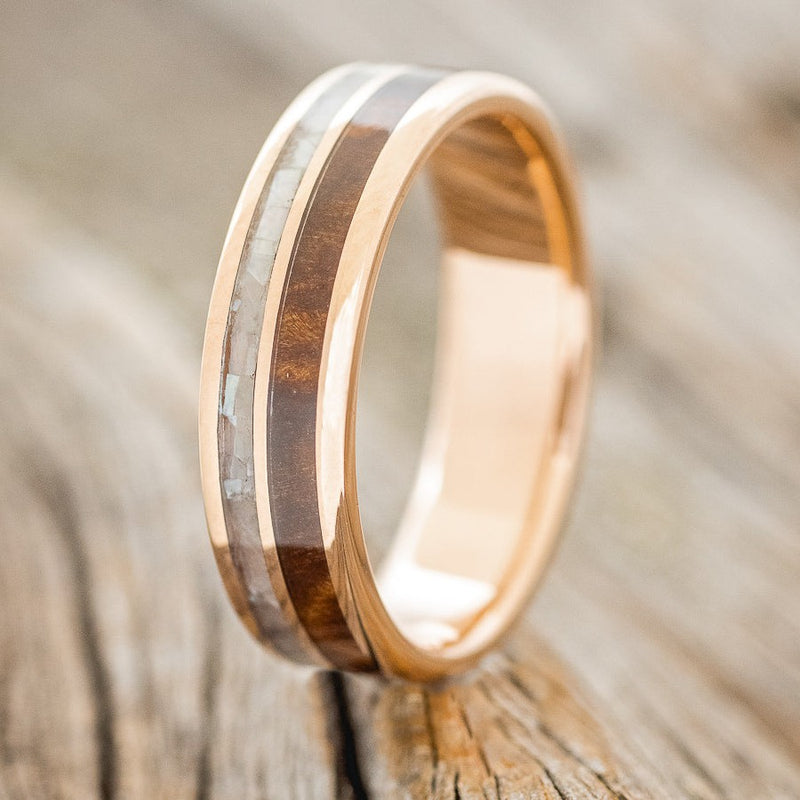 "RAPTOR" - MOTHER OF PEARL & REDWOOD WEDDING RING FEATURING A 14K GOLD BAND-1