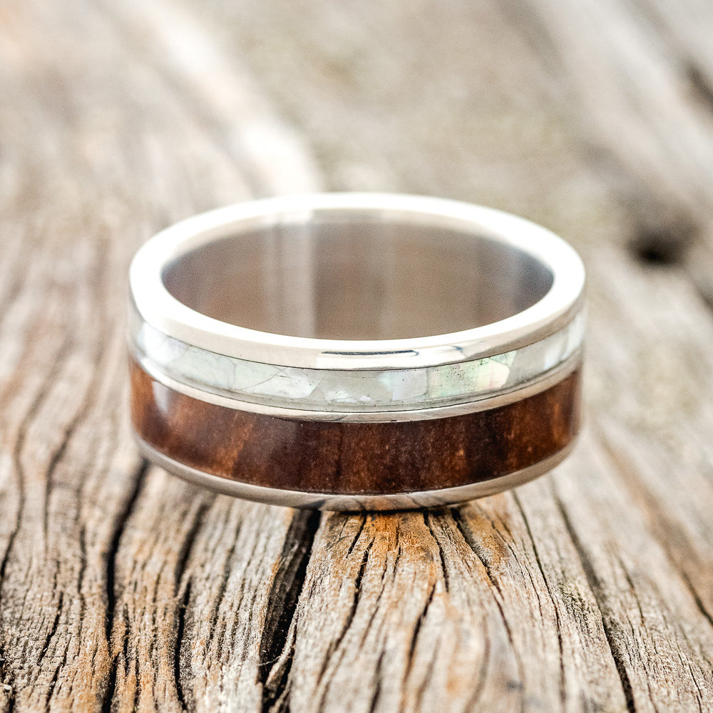 "RAPTOR" - MOTHER OF PEARL & REDWOOD WEDDING BAND-3