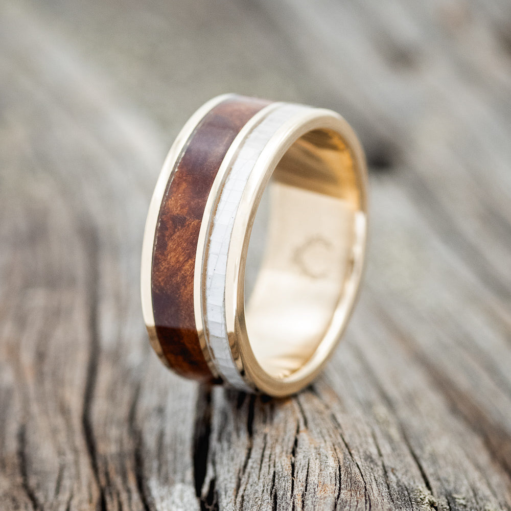 "RAPTOR" - MOTHER OF PEARL & REDWOOD WEDDING BAND-7