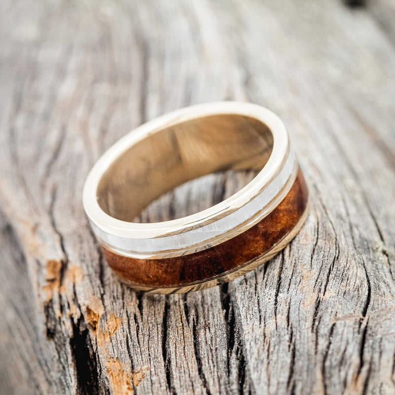 "RAPTOR" - MOTHER OF PEARL & REDWOOD WEDDING RING FEATURING A DAMASCUS STEEL BAND