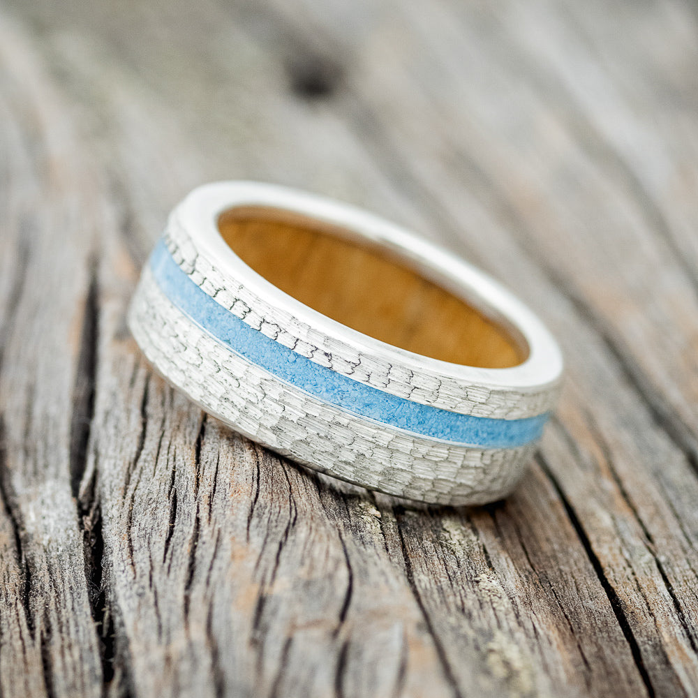 "VERTIGO" - TURQUOISE INLAY WEDDING RING FEATURING A WHISKEY BARREL LINING & HAMMERED BAND-3