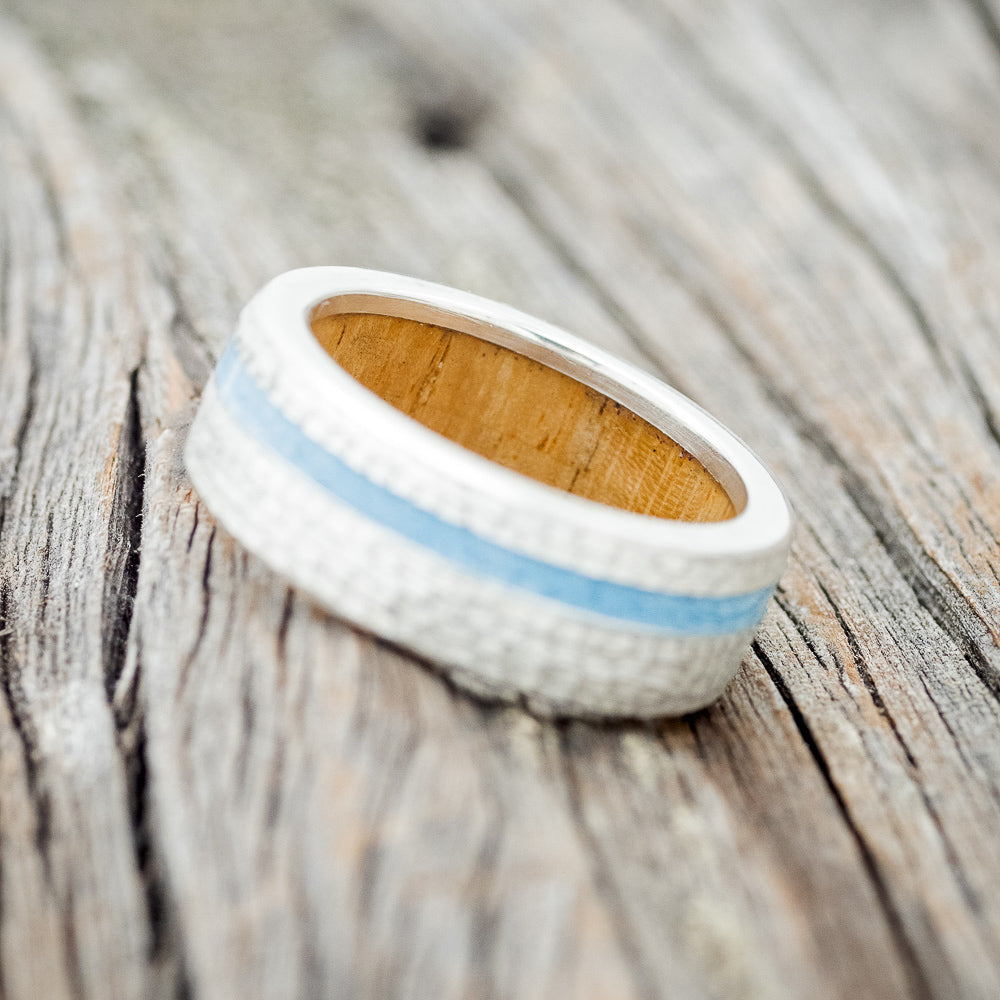 "VERTIGO" - TURQUOISE INLAY WEDDING RING FEATURING A WHISKEY BARREL LINING & HAMMERED BAND-4