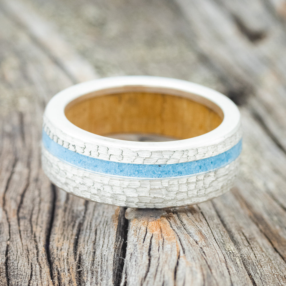 "VERTIGO" - TURQUOISE INLAY WEDDING RING FEATURING A WHISKEY BARREL LINING & HAMMERED BAND-7