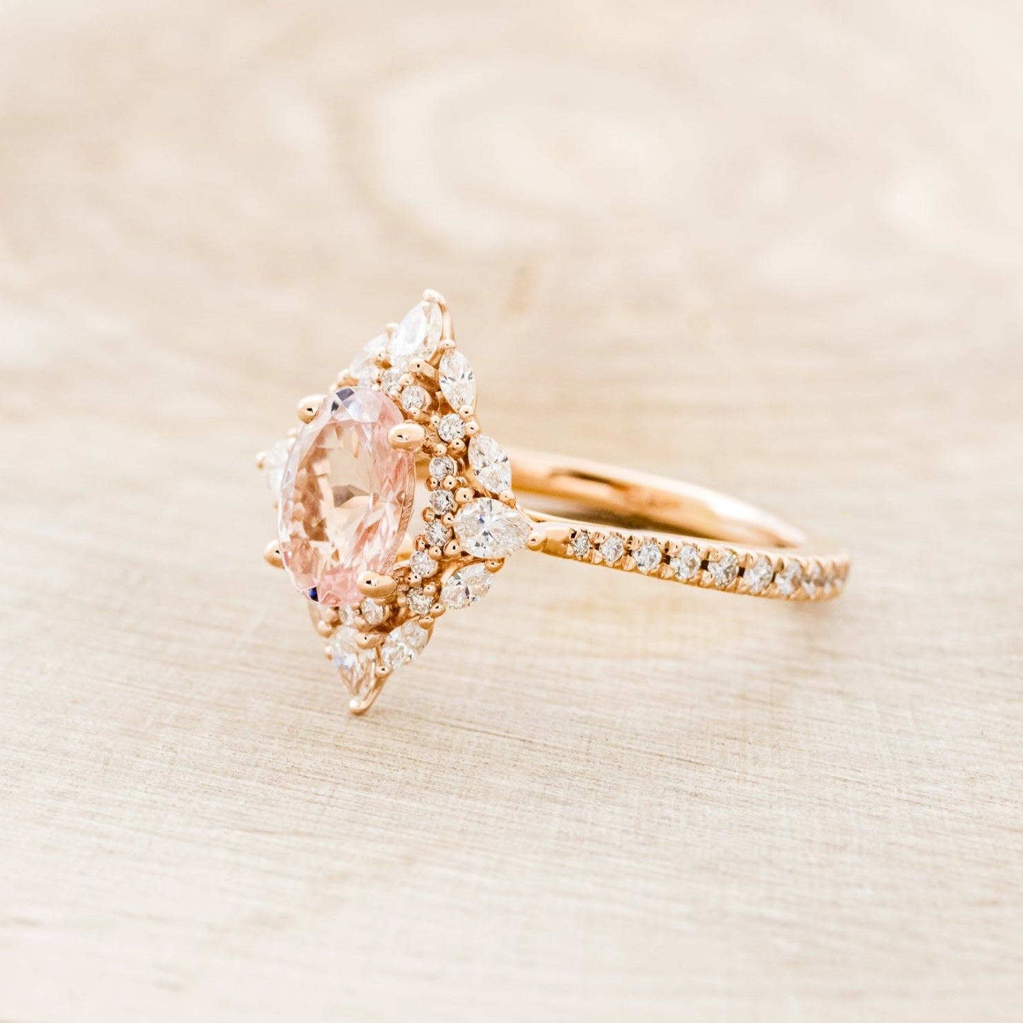 "NORTH STAR" - OVAL MORGANITE ENGAGEMENT RING WITH DIAMOND HALO & ACCENTS-9