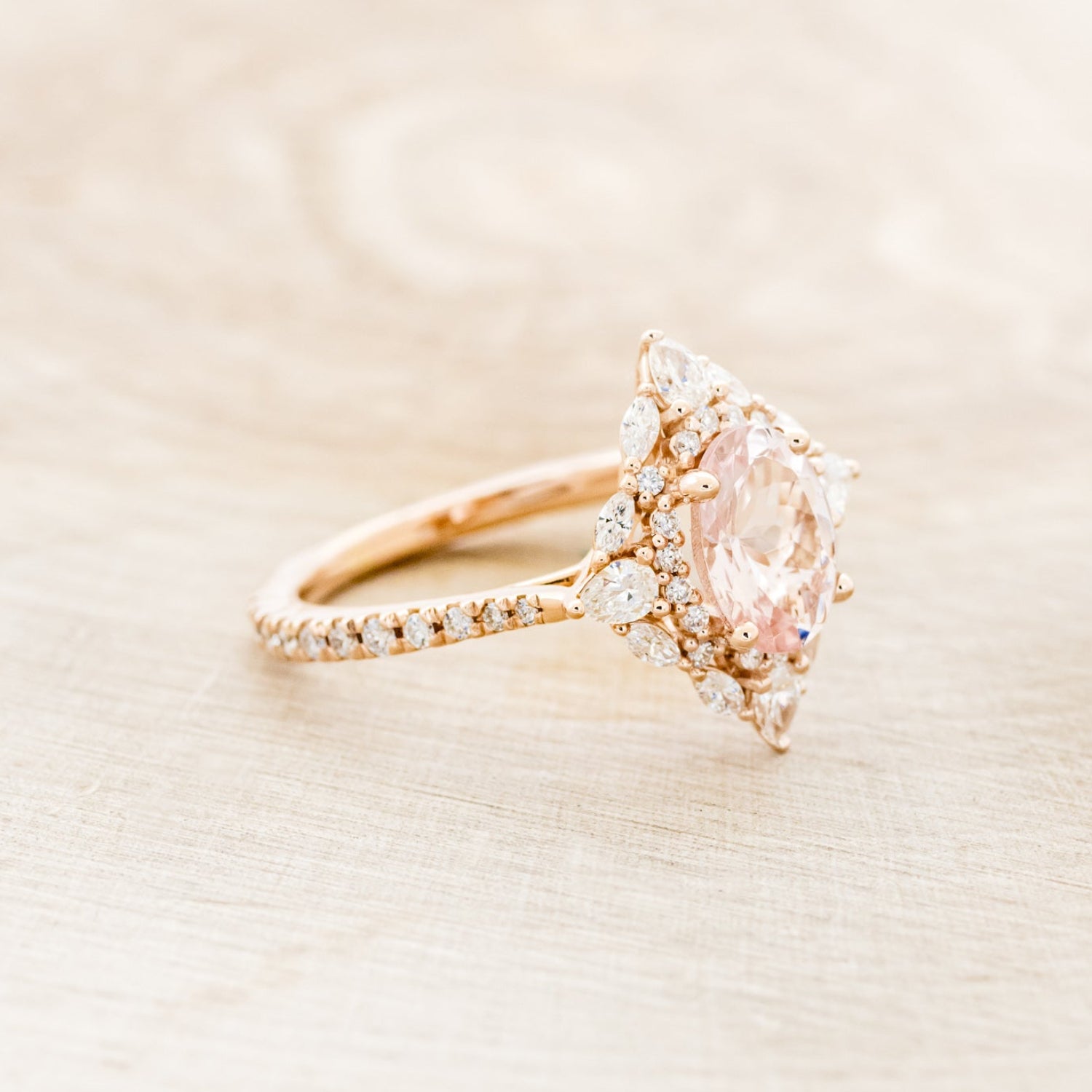 "NORTH STAR" - OVAL MORGANITE ENGAGEMENT RING WITH DIAMOND HALO & ACCENTS-8