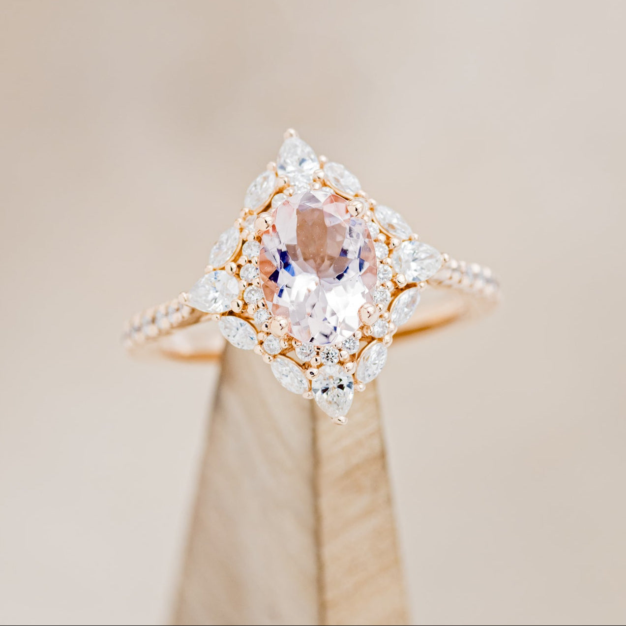 "NORTH STAR" - OVAL MORGANITE ENGAGEMENT RING WITH DIAMOND HALO & ACCENTS-7
