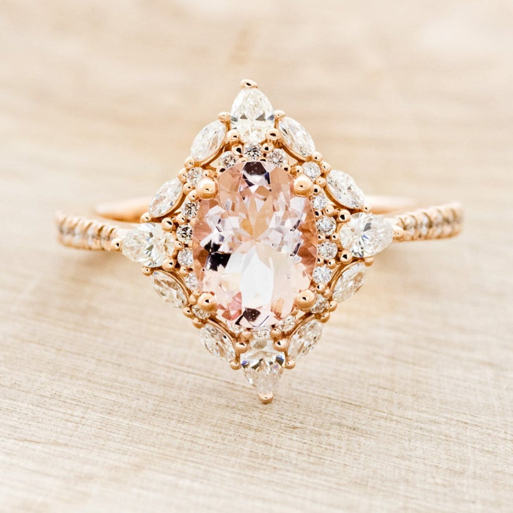 "NORTH STAR" - OVAL MORGANITE ENGAGEMENT RING WITH DIAMOND HALO & ACCENTS-10