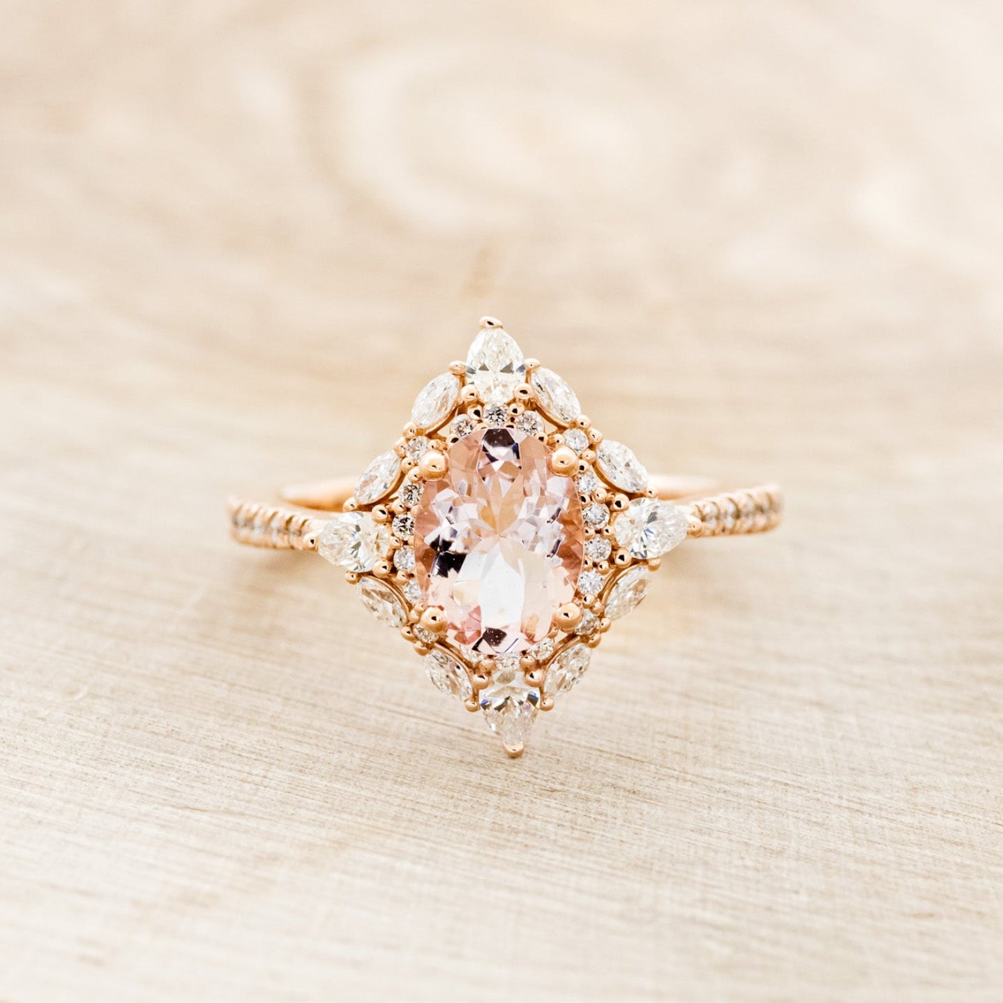 "NORTH STAR" - OVAL MORGANITE ENGAGEMENT RING WITH DIAMOND HALO & ACCENTS-10