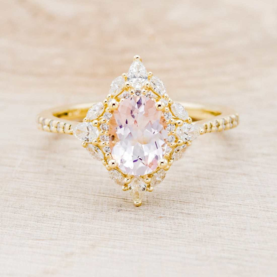 "NORTH STAR" - OVAL MORGANITE ENGAGEMENT RING WITH DIAMOND HALO & ACCENTS-16