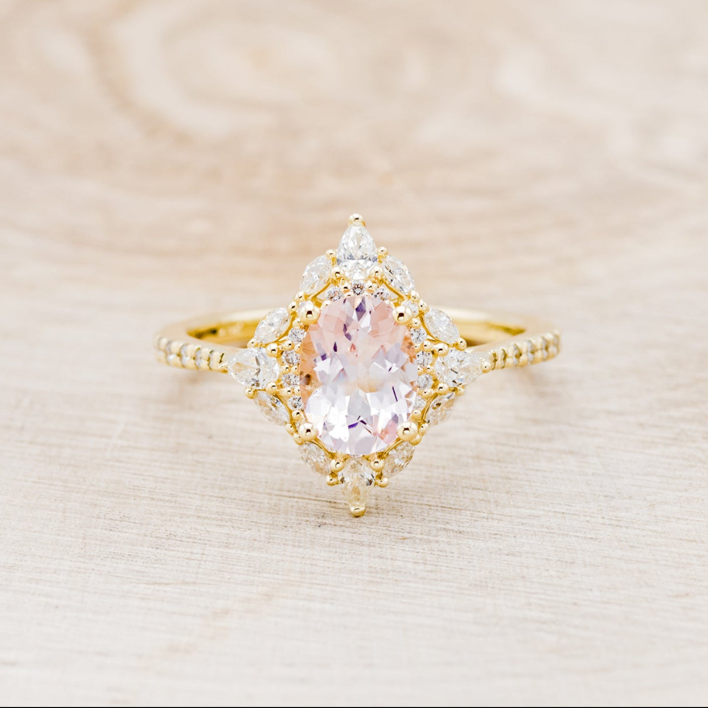 "NORTH STAR" - OVAL MORGANITE ENGAGEMENT RING WITH DIAMOND HALO & ACCENTS-16