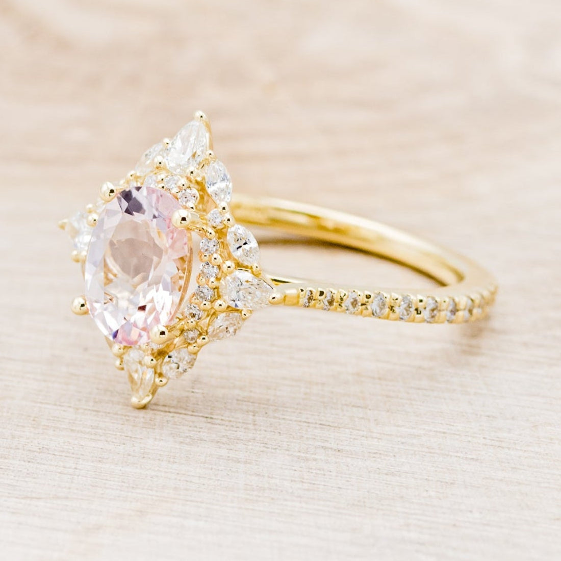 "NORTH STAR" - OVAL MORGANITE ENGAGEMENT RING WITH DIAMOND HALO & ACCENTS-15