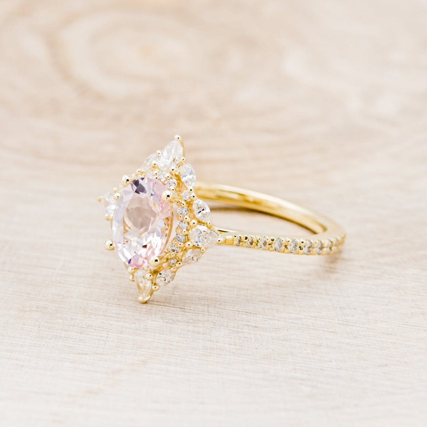 "NORTH STAR" - OVAL MORGANITE ENGAGEMENT RING WITH DIAMOND HALO & ACCENTS-15