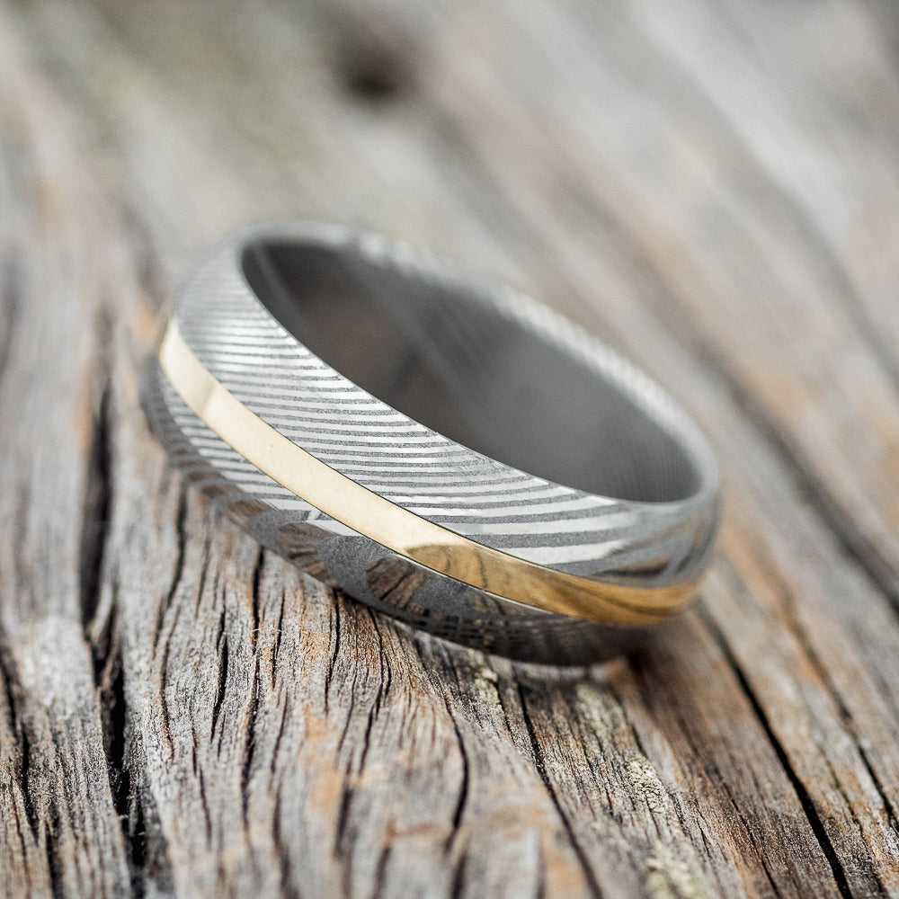 "NIRVANA" - DOMED DAMASCUS STEEL WEDDING RING WITH A 14K GOLD INLAY-2