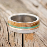 "ARGOS" - WHISKEY BARREL OAK, MALACHITE, ANTLER & 14K GOLD INLAY WEDDING BAND-3