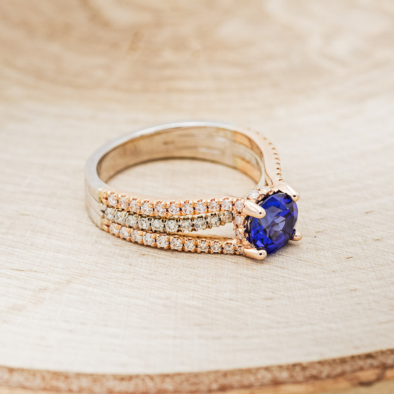 "ROXIE" - LAB-GROWN SAPPHIRE ENGAGEMENT RING WITH DIAMOND ACCENTS ON A TWO TONE GOLD BAND - SIZE 6 3/4
