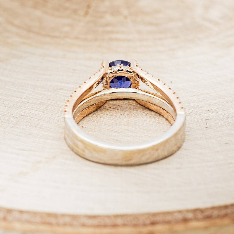 "ROXIE" - LAB-GROWN SAPPHIRE ENGAGEMENT RING WITH DIAMOND ACCENTS ON A TWO TONE GOLD BAND - SIZE 6 3/4