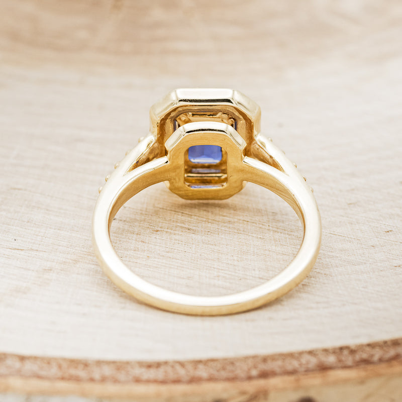 "KARLA" - EMERALD CUT LAB-GROWN SAPPHIRE ENGAGEMENT RING WITH DIAMOND HALO & ACCENTS
