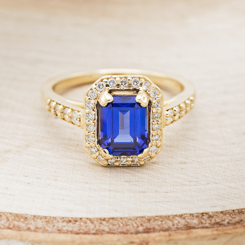 "KARLA" - EMERALD CUT LAB-GROWN SAPPHIRE ENGAGEMENT RING WITH DIAMOND HALO & ACCENTS